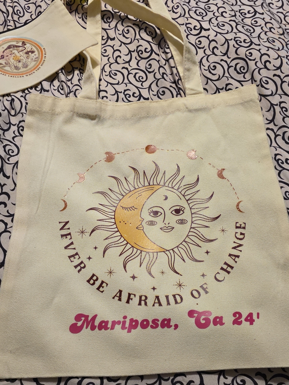 Sun & Moon Graphic Tote Bag in Cream 14x14.5" Extra Pouch 7x5"